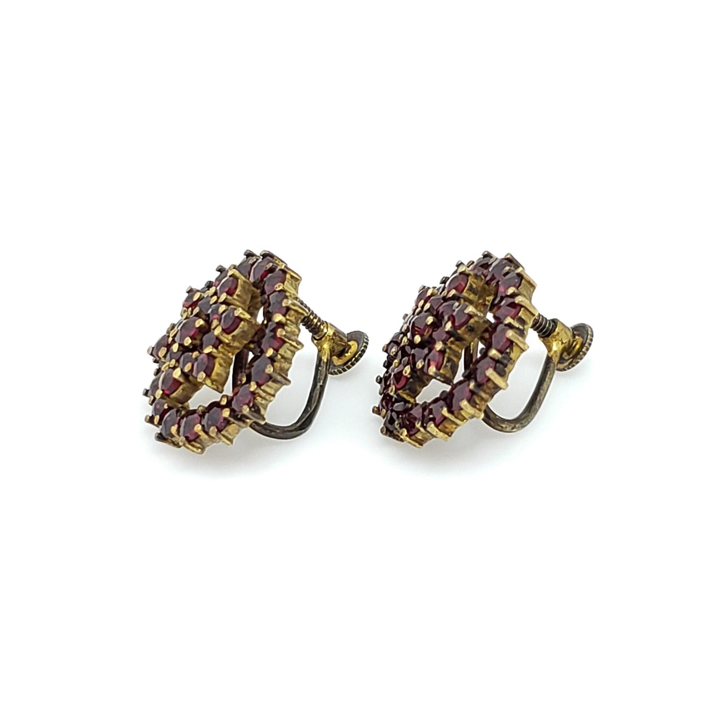 Vintage 1950s Bohemian Garnet and Gold Washed Screw Back Earrings - 50s Red Rose Cut Czech Garnet 900 Silver Cluster Non Pierced Earrings