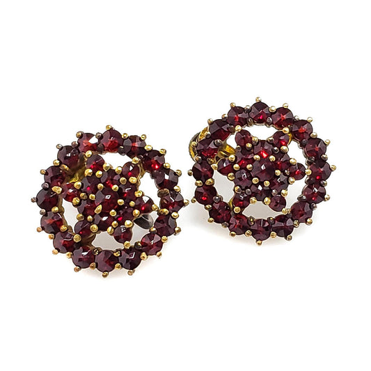 Vintage 1950s Bohemian Garnet and Gold Washed Screw Back Earrings - 50s Red Rose Cut Czech Garnet 900 Silver Cluster Non Pierced Earrings