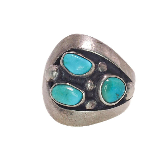 Vintage 1970s Blue Turquoise Sterling Silver Southwestern Native American Ring Size 5 - 70s Vintage Unisex Turquoise Thick Band Silver Ring