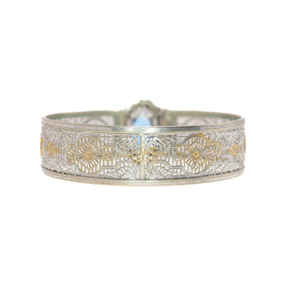 Vintage 1930s JJ WHITE Art Deco Blue Glass and Silver Plated Filigree 6.5" Bracelet - 30s Deco Bright Blue Hinged Bangle Bracelet