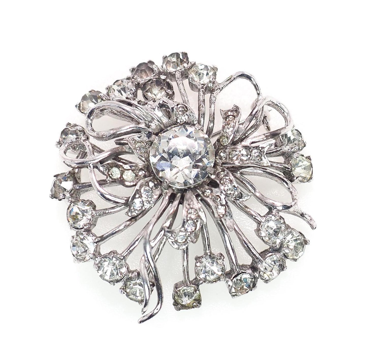 Vintage 1940s EISENBERG Ice Starburst Clear Rhinestone Sterling Silver Large Brooch - 40s Retro Designer Statement Brooch