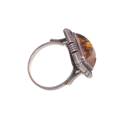 Vintage 1990s Square Sun Spangled Orange Amber and Sterling Silver Tribal Southwestern Minimalist Ring Size 7.75