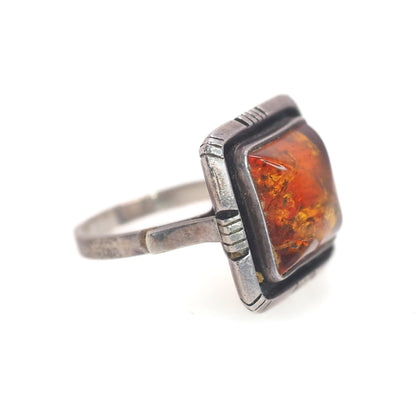 Vintage 1990s Square Sun Spangled Orange Amber and Sterling Silver Tribal Southwestern Minimalist Ring Size 7.75