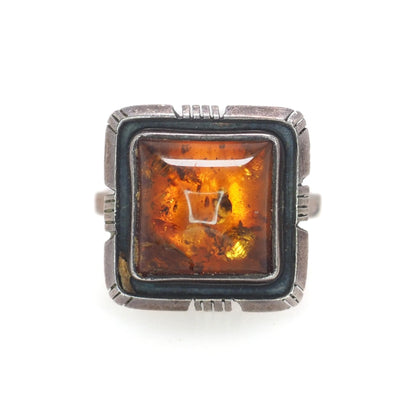Vintage 1990s Square Sun Spangled Orange Amber and Sterling Silver Tribal Southwestern Minimalist Ring Size 7.75