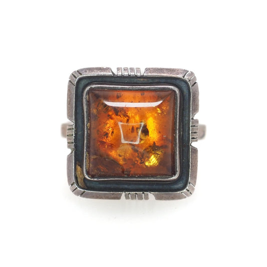 Vintage 1990s Square Sun Spangled Amber, Sterling Silver Ring - 90s Orange Amber Silver  Tribal Southwestern Minimalist Ring Size 7.75