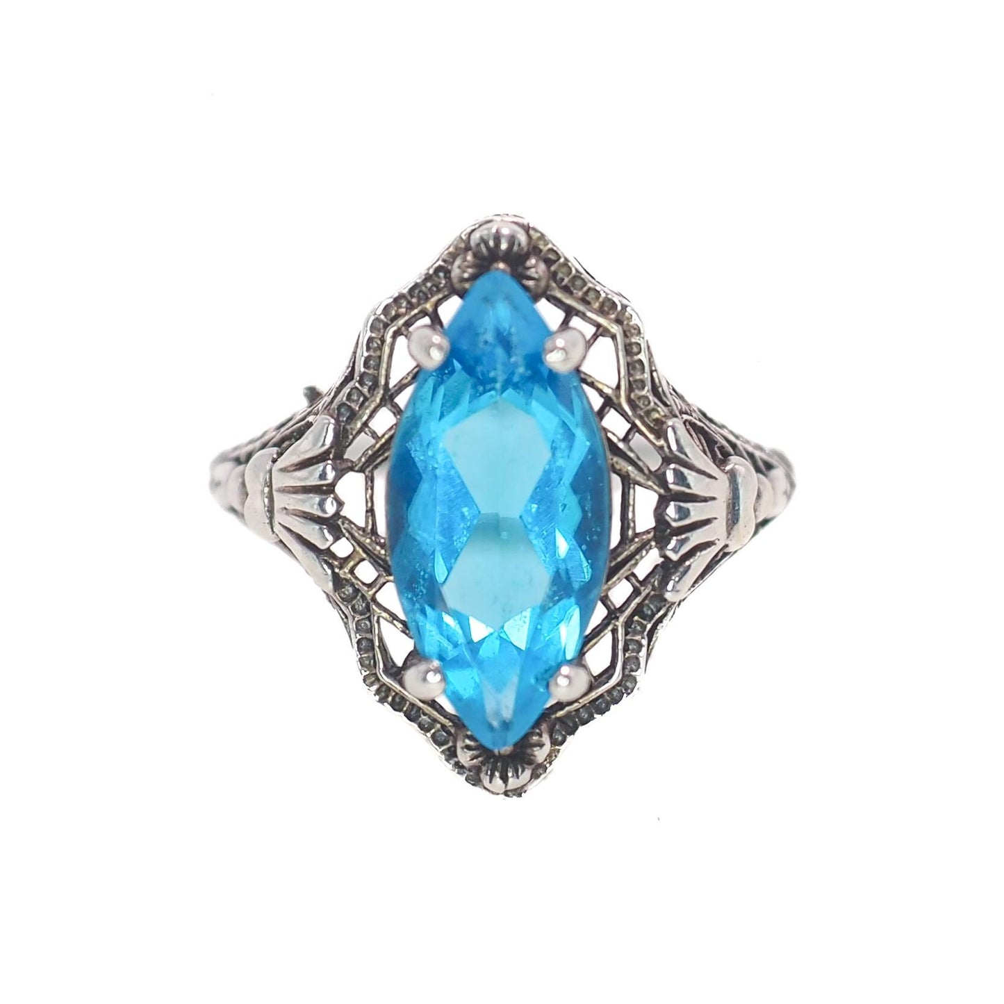 Antique 1920s Turquoise Marquise Glass and Sterling Silver Filigree Solitaire Ring Size 7.25 - Antique Art Deco Blue Silver Ring