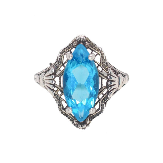 Antique 1920s Turquoise Marquise Glass and Sterling Silver Filigree Solitaire Ring Size 7.25 - Antique Art Deco Blue Silver Ring