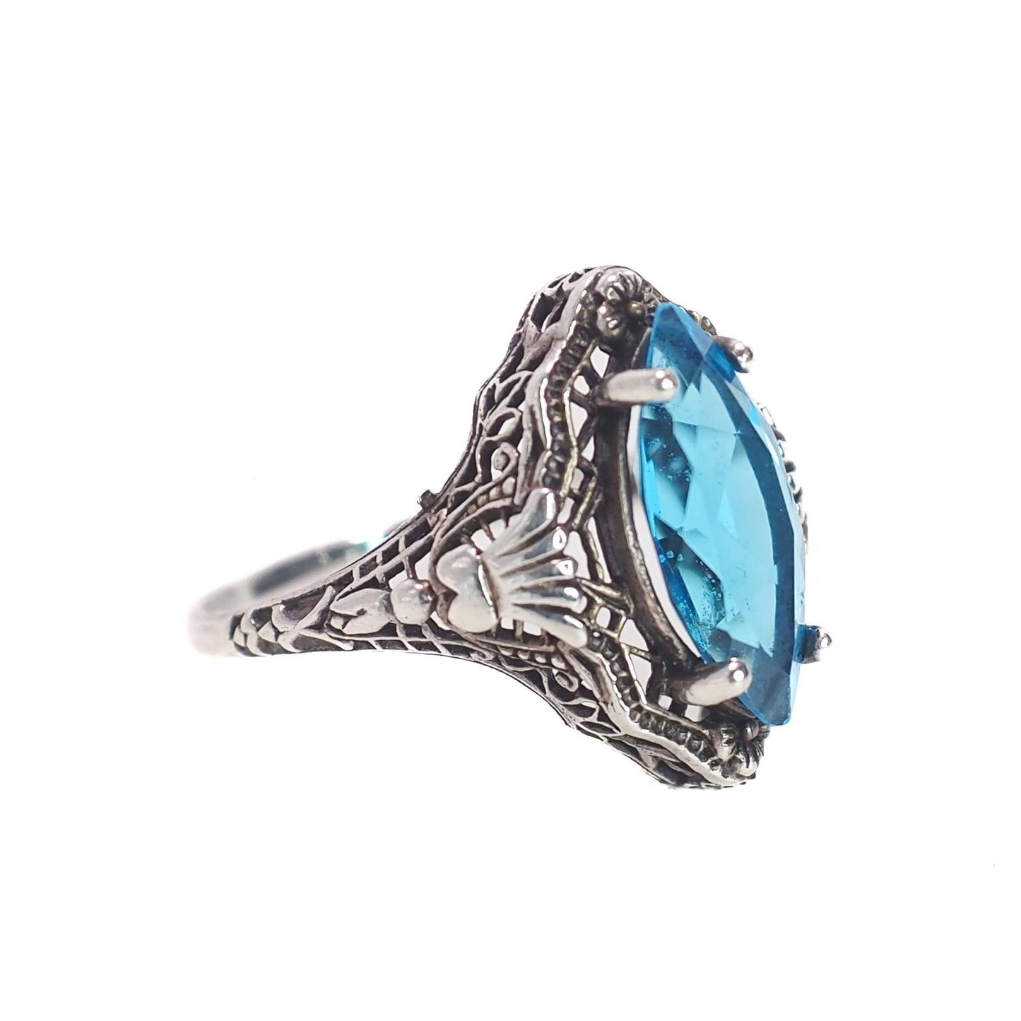 Antique 1920s Turquoise Marquise Glass and Sterling Silver Filigree Solitaire Ring Size 7.25 - Antique Art Deco Blue Silver Ring