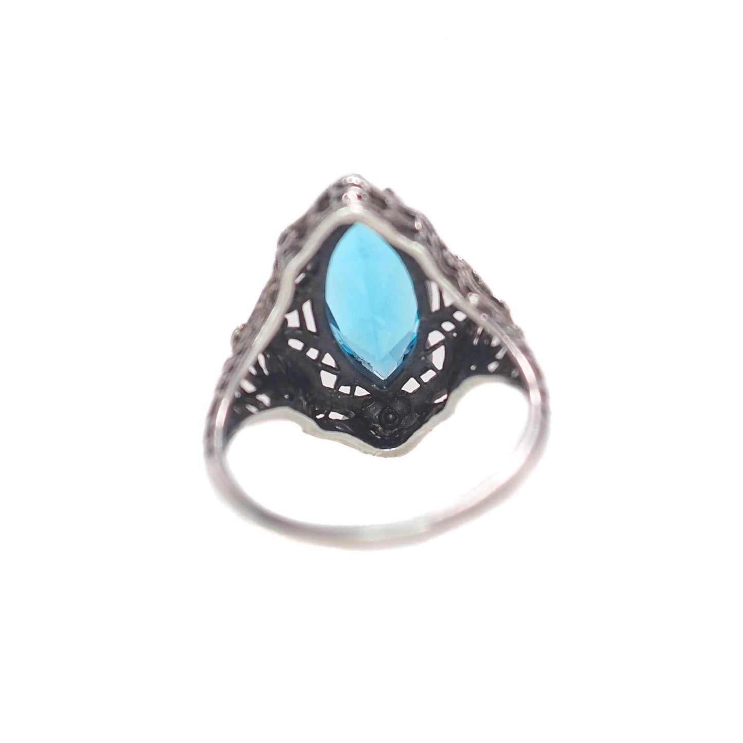 Antique 1920s Turquoise Marquise Glass and Sterling Silver Filigree Solitaire Ring Size 7.25 - Antique Art Deco Blue Silver Ring