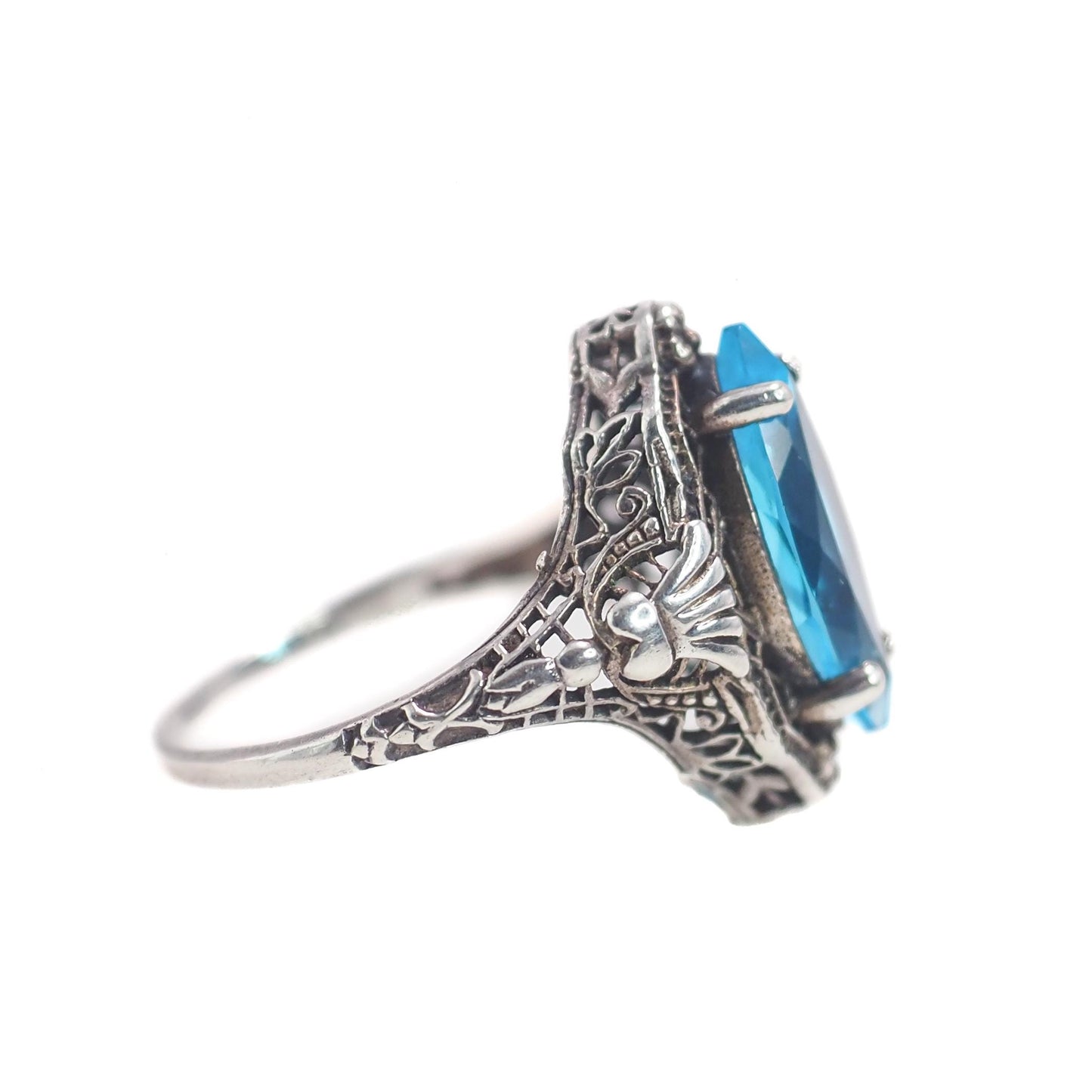 Antique 1920s Turquoise Marquise Glass and Sterling Silver Filigree Solitaire Ring Size 7.25 - Antique Art Deco Blue Silver Ring