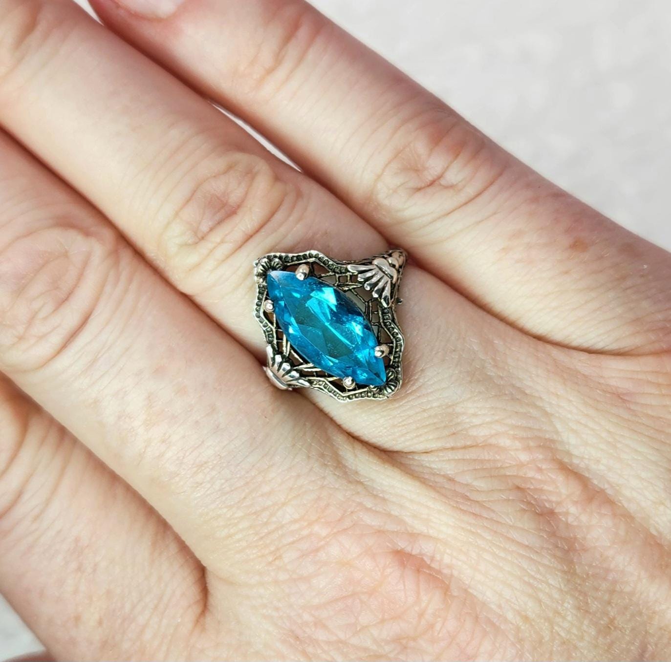 Antique 1920s Turquoise Marquise Glass and Sterling Silver Filigree Solitaire Ring Size 7.25 - Antique Art Deco Blue Silver Ring