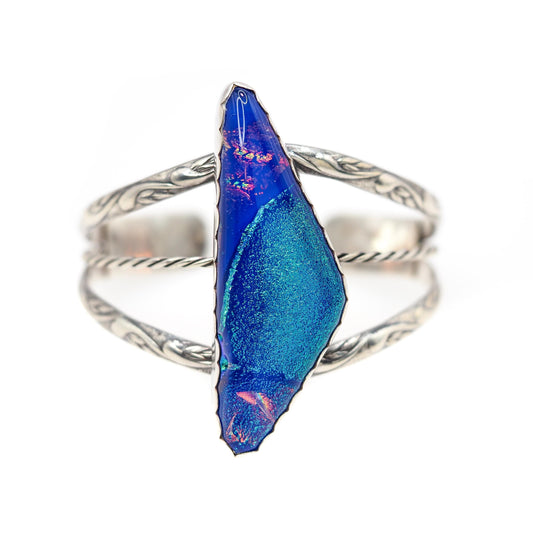 Vintage 1990s Sparkling Glitter Blue Glass and Sterling Silver Statement Adjustable Cuff 6" Bracelet
