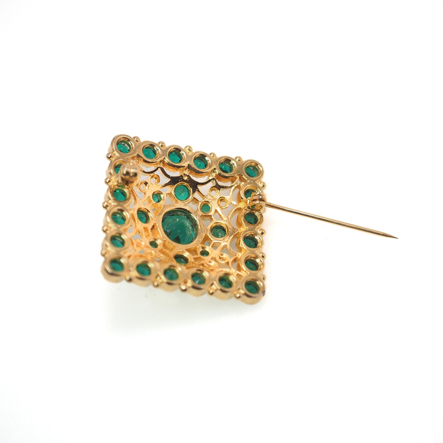 Vintage 1960s Green Rhinestone and Gold Tone Renaissance Revival Brooch - 60s Green Rhinestone Square Brooch