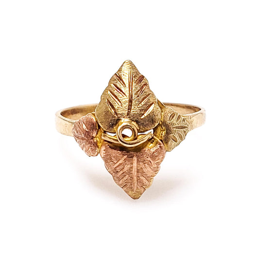 Vintage 1980s 10K Yellow and Rose Gold Leaf Autumn Ring Size 5.75 - 80s Mix Metal Gold Foliate Leaf Ring - Jewelry for Fall