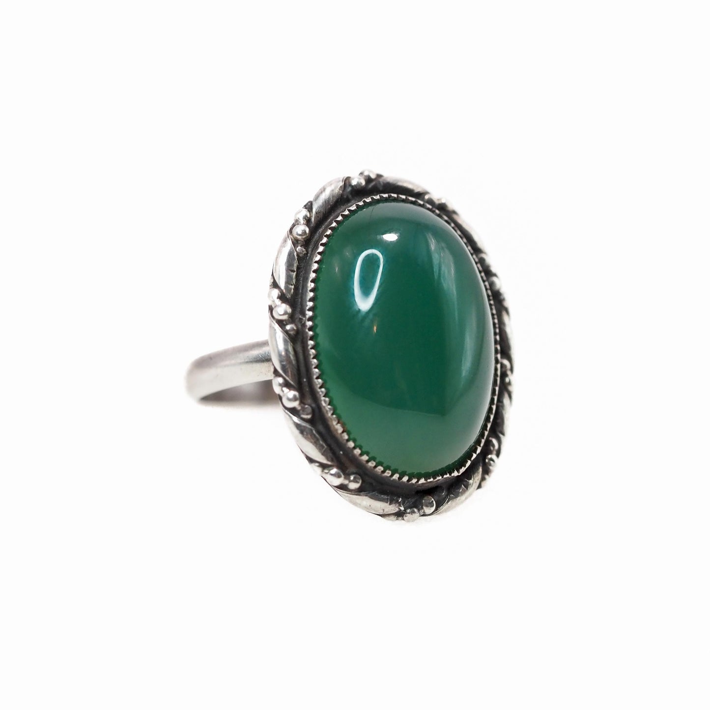 Vintage 1940s Hand Made Green Chrysoprase and Sterling Silver Cabochon Solitaire Ring Size 6.5 - 40s Green Silver Retro Deco Ring