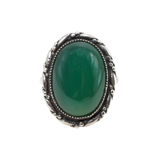 Vintage 1940s Retro Hand Made Green Chrysoprase and Sterling Silver Cabochon Solitaire Ring Size 6.5