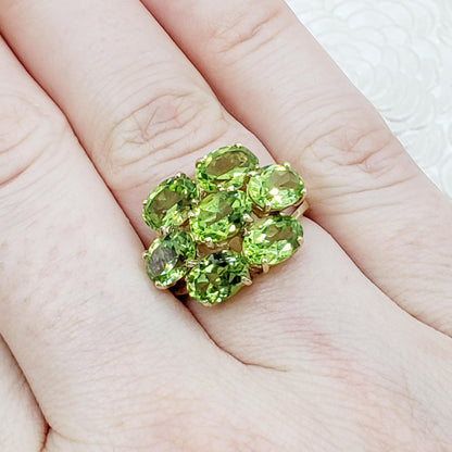 Vintage 1980s Peridot, Yellow Gold Cluster Ring - 80s Large Oval Cut Peridot and 10K Cluster Statement Cocktail Ring Size 5.75 - August Ring