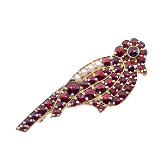 Vintage 1970s GRANAT TURNOV Bohemian Garnet, Pearl, and Vermeil Bird Brooch - 70s Rose Cut Red Garnet, Seed Pearl Animal Brooch