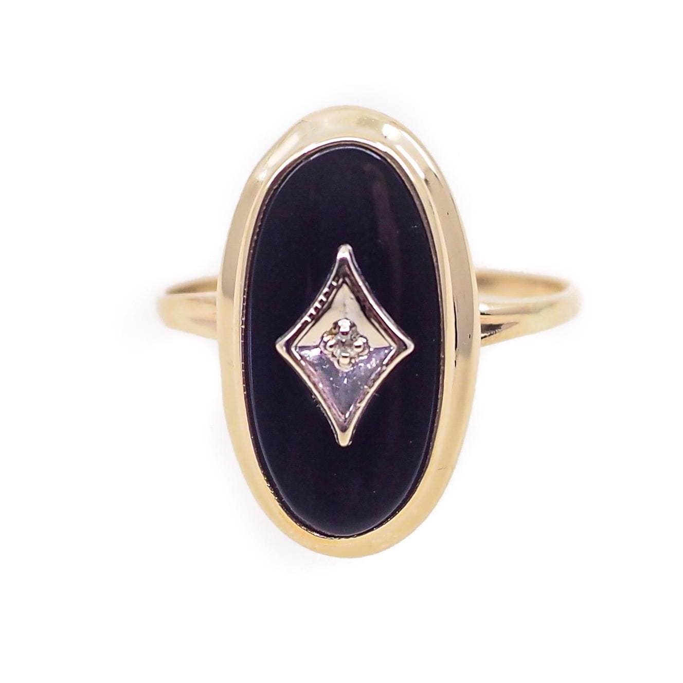 Vintage 1930s PSCO Art Deco Onyx, Diamond, and 10K Gold Oval Ring Size 6.75 - 30s Deco Black Onyx Yellow Gold Ring