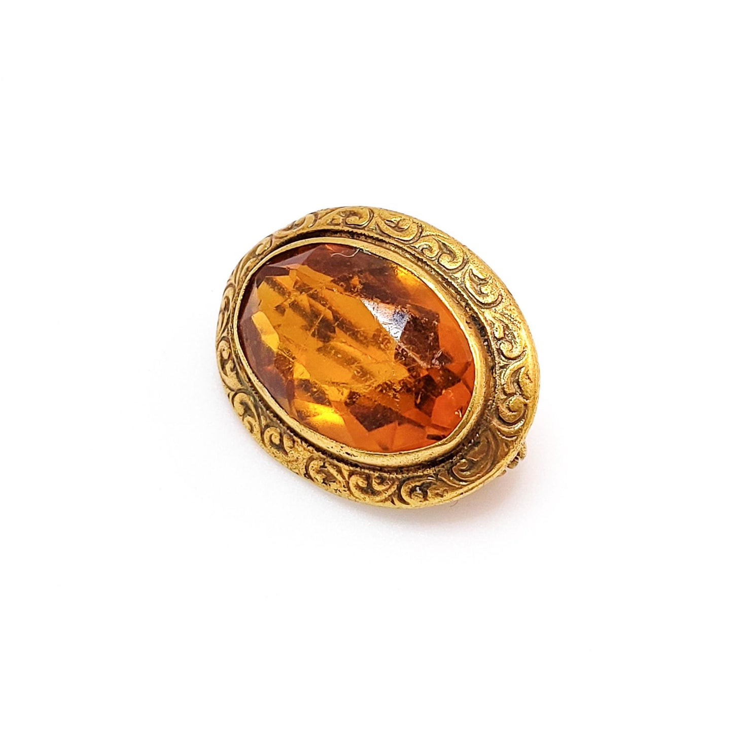 Antique 1900s Victorian Oval Orange Gold Filled Brooch - Late Victorian Glass and Yellow Gold Filled Metal Small Brooch - Small Unisex Pin