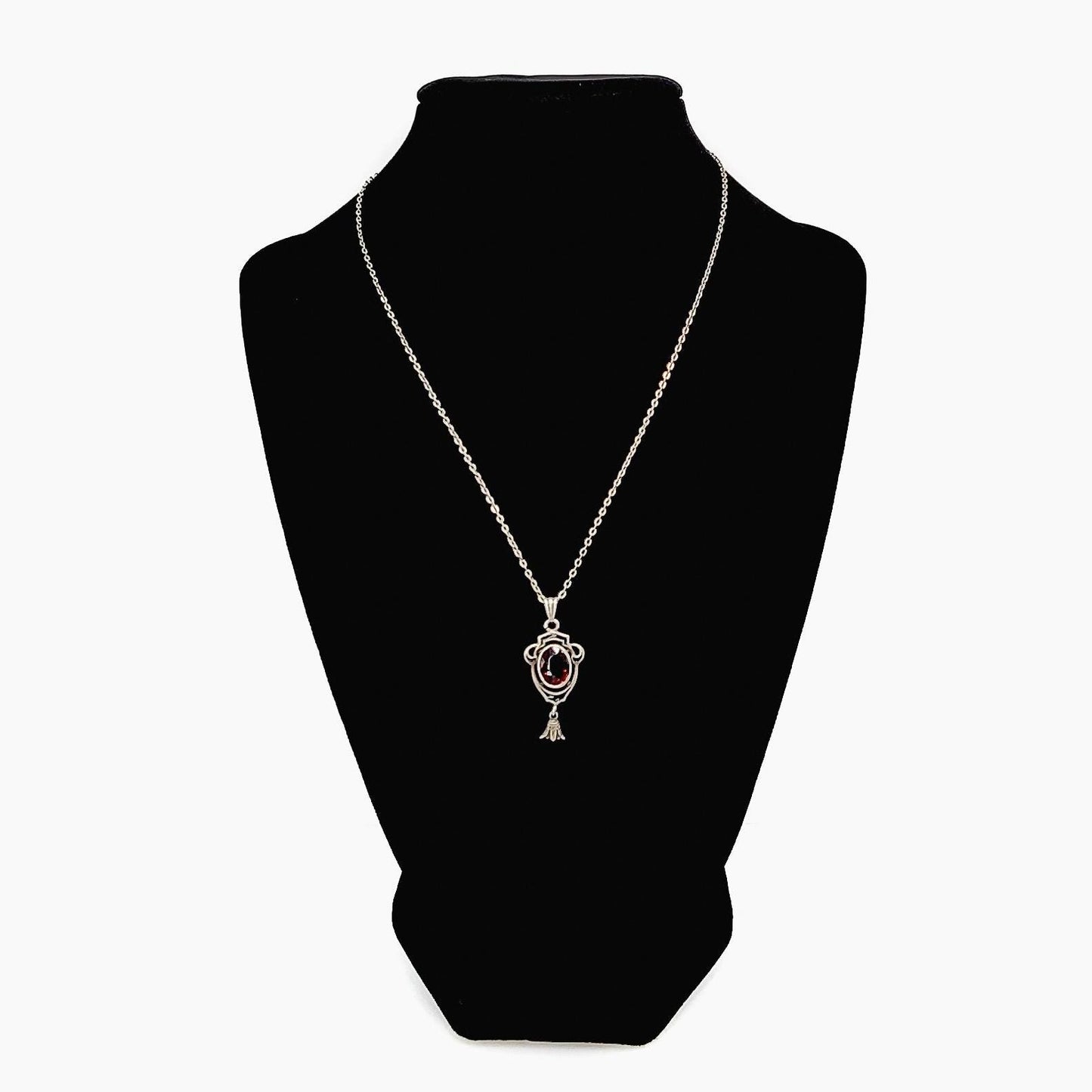 Antique 1900s Art Nouveau Almandite Garnet, Black Enamel, and Sterling Choker Necklace - Antique Red Garnet, Silver Lavalier 16" Necklace