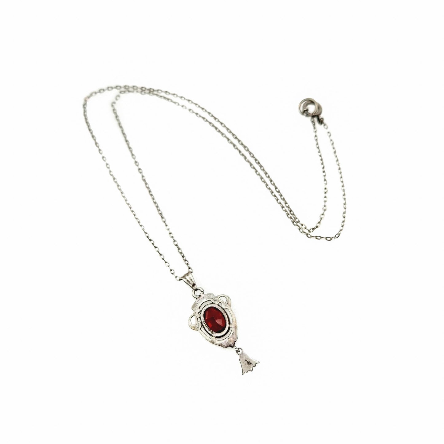 Antique 1900s Art Nouveau Almandite Garnet, Black Enamel, and Sterling Choker Necklace - Antique Red Garnet, Silver Lavalier 16" Necklace