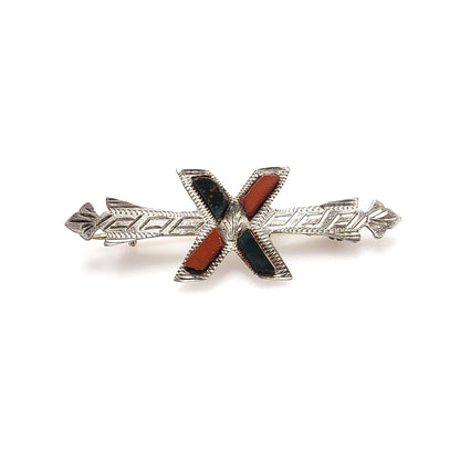 Antique 1900s Late Victorian Scottish Bloodstone, Jasper, Sterling Silver Brooch