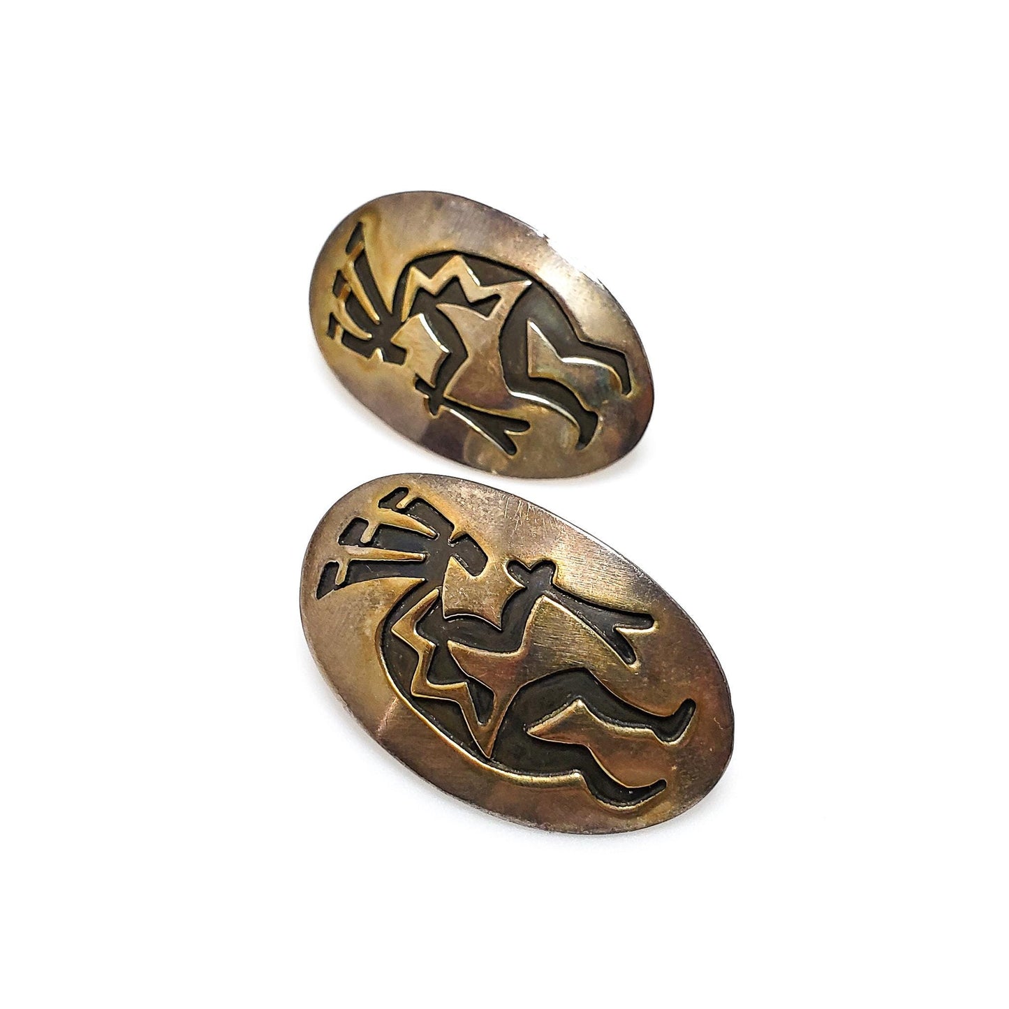 Vintage 1970s E. CLARK Navajo Native American Kokopelli Sterling Silver Large Earrings - Vintage 70s Statement Southwestern Pierced Earrings