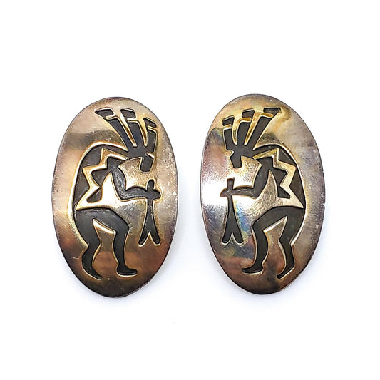 Vintage 1970s E. CLARK Navajo Native American Kokopelli Sterling Silver Large Earrings - Vintage 70s Statement Southwestern Pierced Earrings