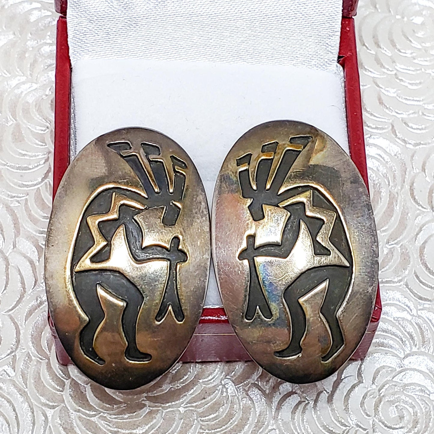 Vintage 1970s E. CLARK Navajo Native American Kokopelli Sterling Silver Large Earrings - Vintage 70s Statement Southwestern Pierced Earrings