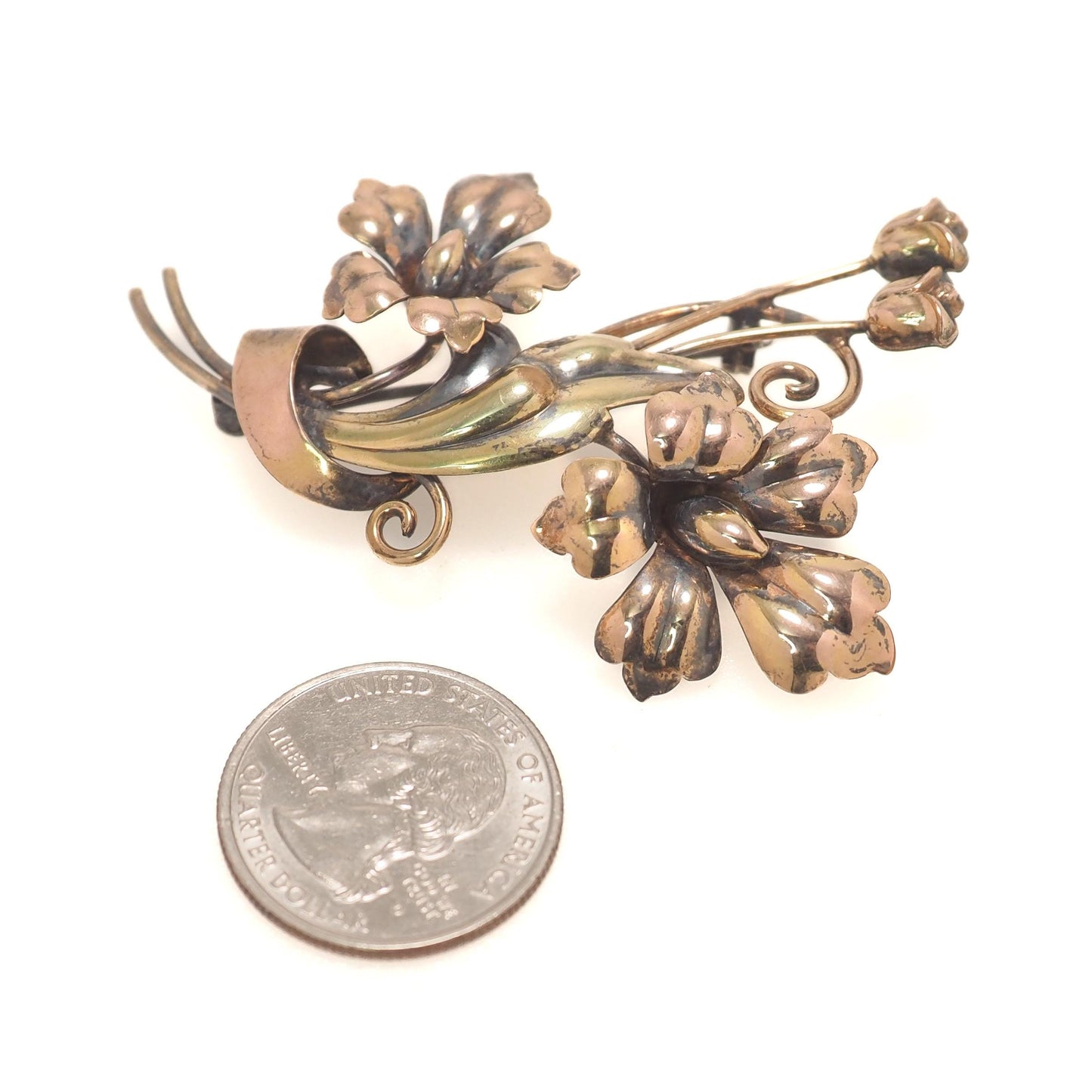 Vintage 1940s CARL ART Retro Art Deco Yellow and Rose Gold Filled Metal Flower Brooch - 40s Retro Floral Spray Unisex Large Brooch