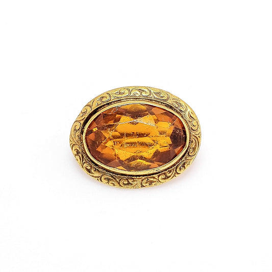 Antique 1900s Victorian Oval Orange Gold Filled Brooch - Late Victorian Glass and Yellow Gold Filled Metal Small Brooch - Small Unisex Pin