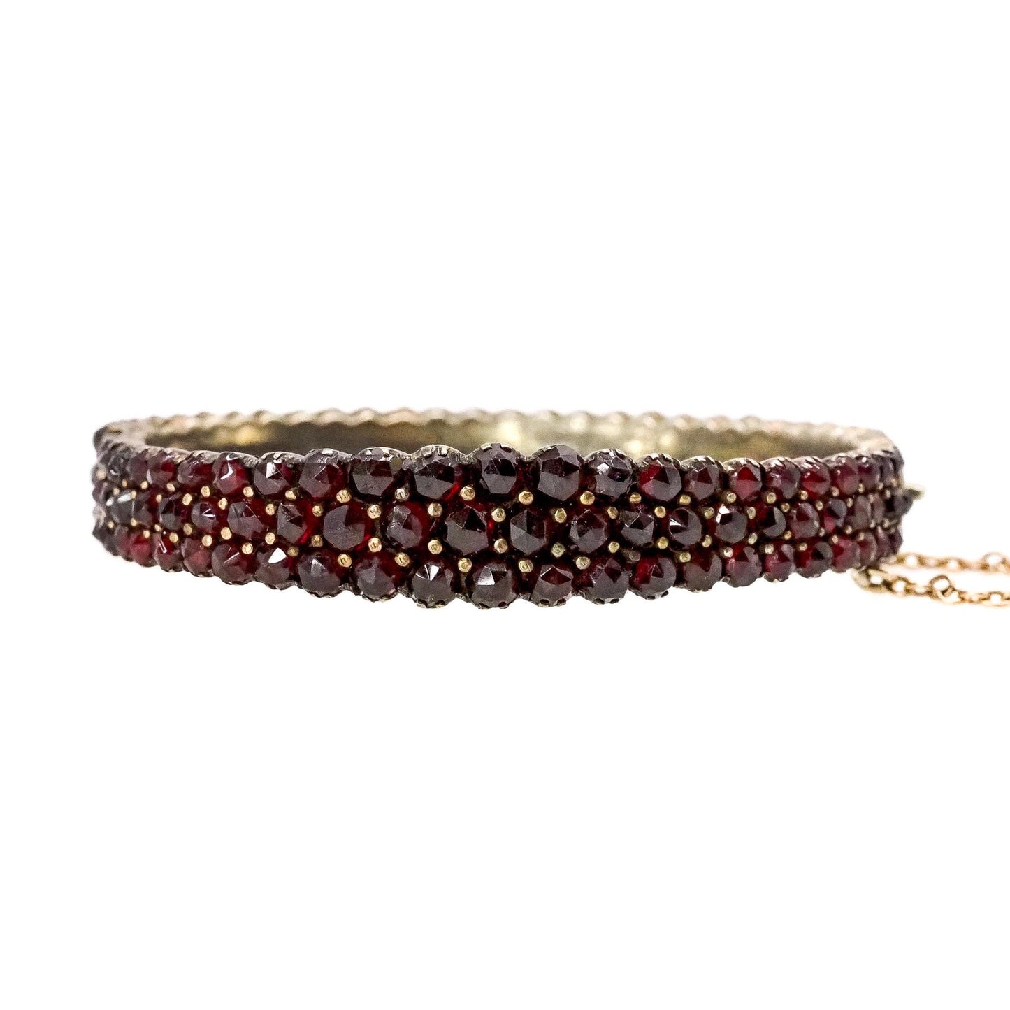 Antique 1900s Bohemian Garnet and Gilt Bangle - Victorian Czech Garnet Three Row Hinged Bangle 6.75" Bracelet - Red Gem Bracelet