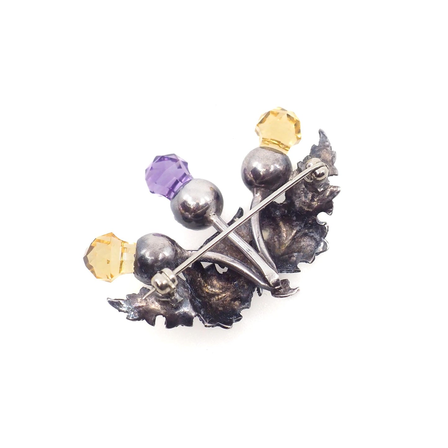 Antique 1910s Edwardian Silver and Imitation Cairngorm and Amethyst Scottish Thistle Pin - Antique Scott Purple Yellow Silver Thistle Brooch