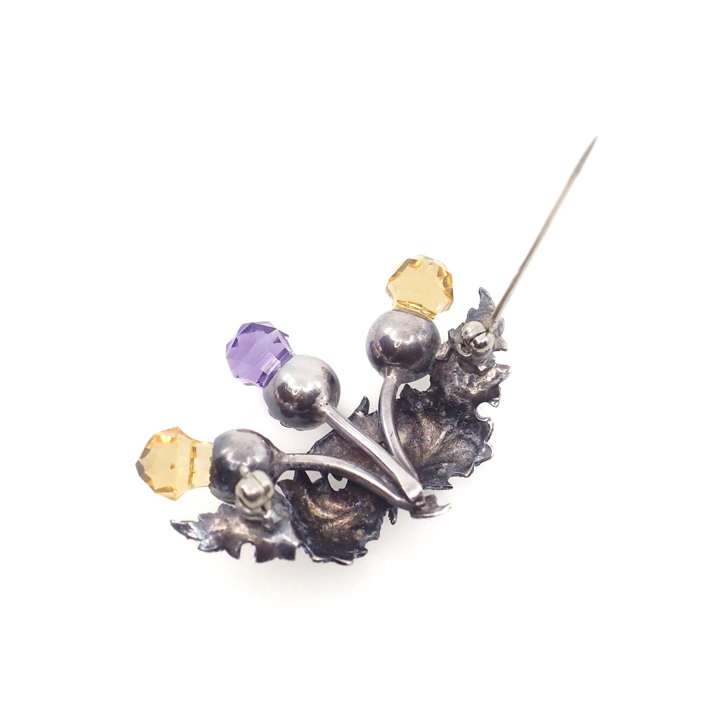 Antique 1910s Edwardian Silver and Imitation Cairngorm and Amethyst Scottish Thistle Pin - Antique Scott Purple Yellow Silver Thistle Brooch