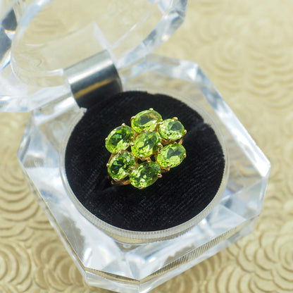 Vintage 1980s Peridot, Yellow Gold Cluster Ring - 80s Large Oval Cut Peridot and 10K Cluster Statement Cocktail Ring Size 5.75 - August Ring