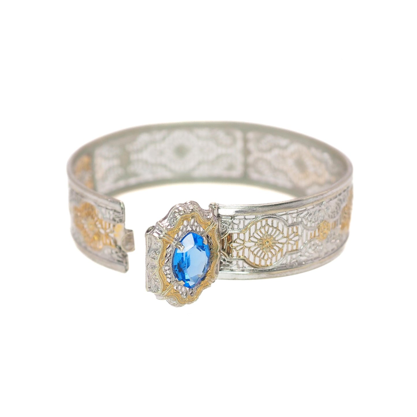 Vintage 1930s JJ WHITE Art Deco Blue Glass and Silver Plated Filigree 6.5" Bracelet - 30s Deco Bright Blue Hinged Bangle Bracelet