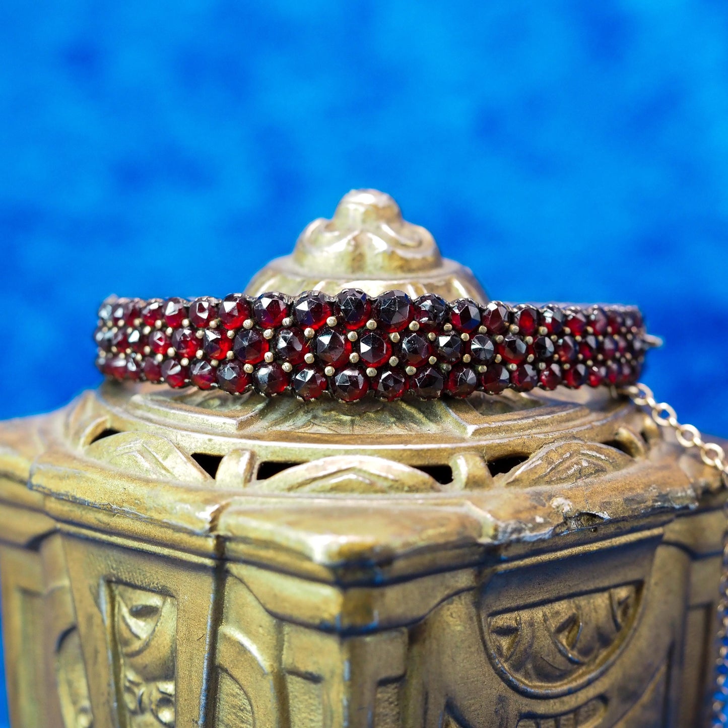 Antique 1900s Bohemian Garnet and Gilt Bangle - Victorian Czech Garnet Three Row Hinged Bangle 6.75" Bracelet - Red Gem Bracelet