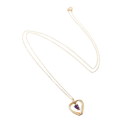 Vintage 1980s 14K Yellow Gold and Marquise Purple Amethyst Heart Pendant 17.5" Necklace