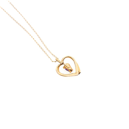Vintage 1980s 14K Yellow Gold and Marquise Purple Amethyst Heart Pendant 17.5" Necklace