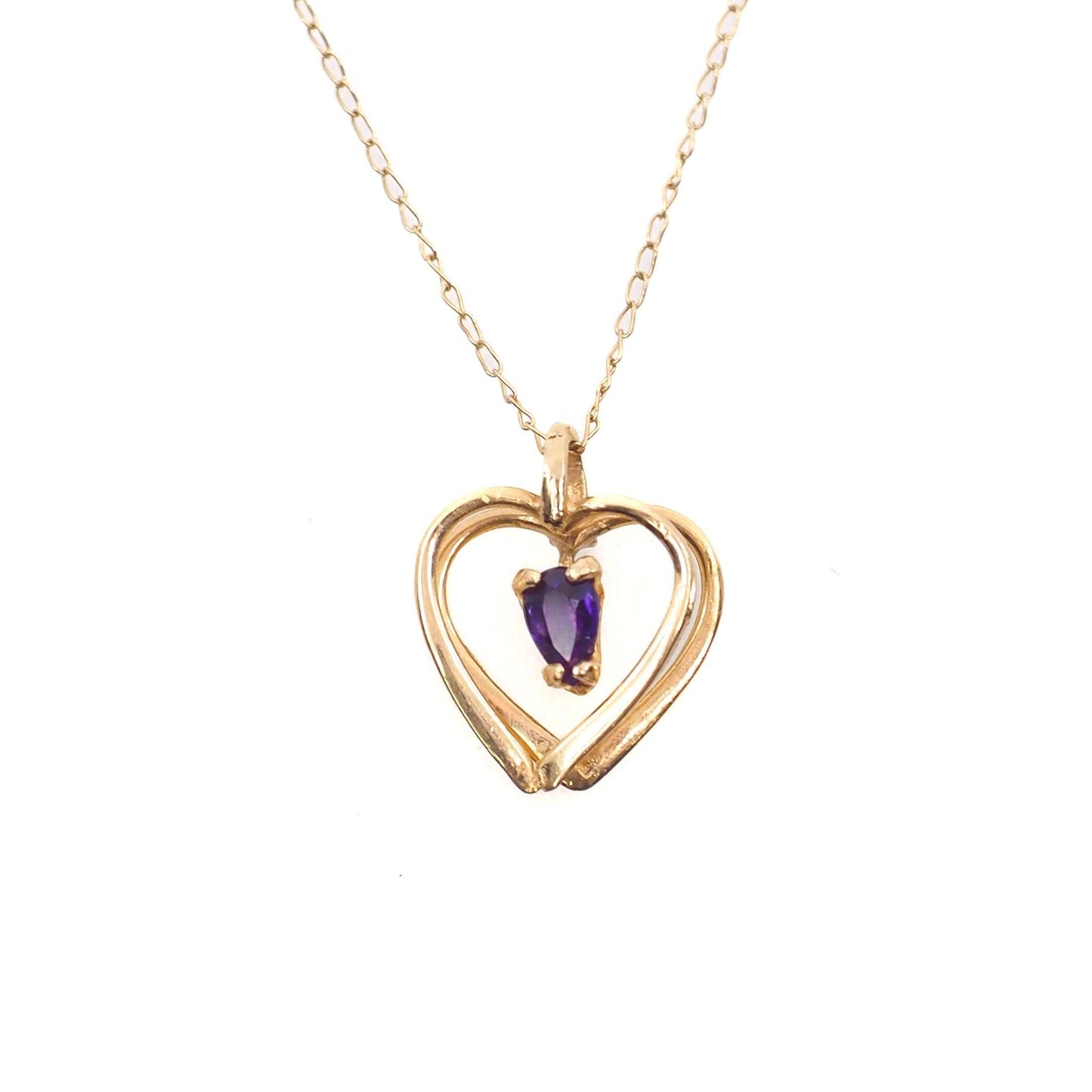 Vintage 1980s 14K Yellow Gold and Marquise Purple Amethyst Heart Pendant 17.5" Necklace - Heart Gold Amethyst Necklace - February Birthstone