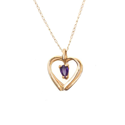 Vintage 1980s 14K Yellow Gold and Marquise Purple Amethyst Heart Pendant 17.5" Necklace