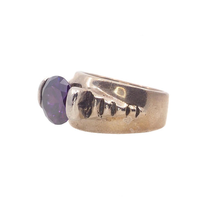 Vintage 1970s Dark Purple Color Change Glass and Sterling Statement Ring Size 7