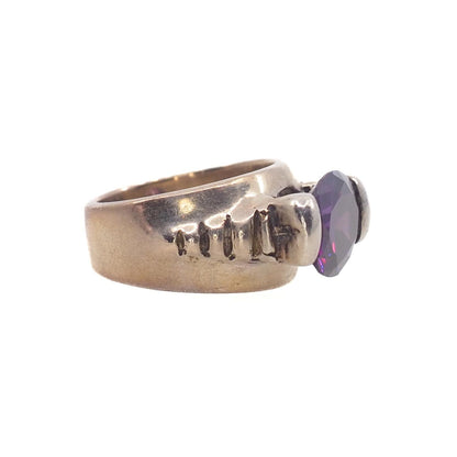 Vintage 1970s Dark Purple Color Change Glass and Sterling Statement Ring Size 7