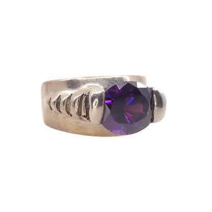 Vintage 1970s Dark Purple Color Change Glass and Sterling Statement Ring Size 7