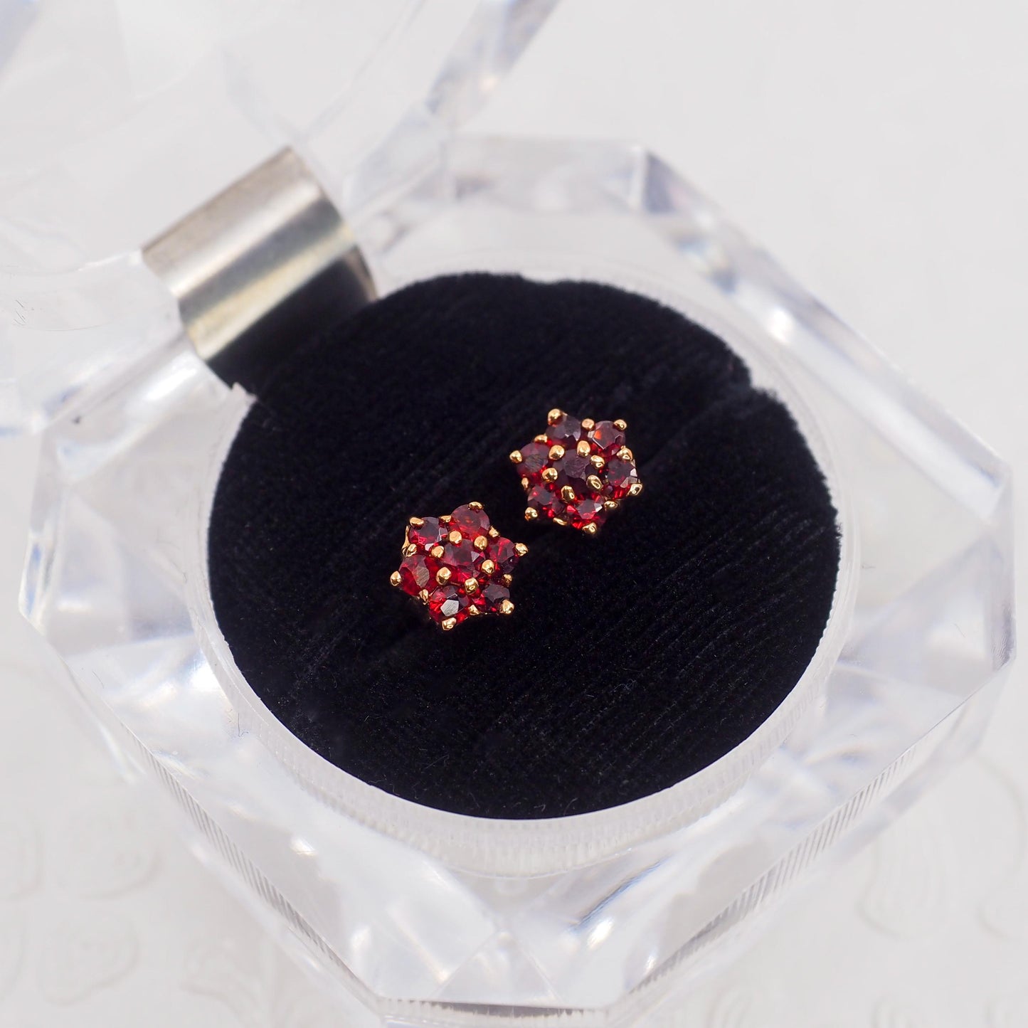 Vintage 1990s Garnet, Silver Stud Earrings - 90s Red Round Cut Pyrope Garnet and Rose Gold Washed Silver Cluster Earrings - Gem Earrings