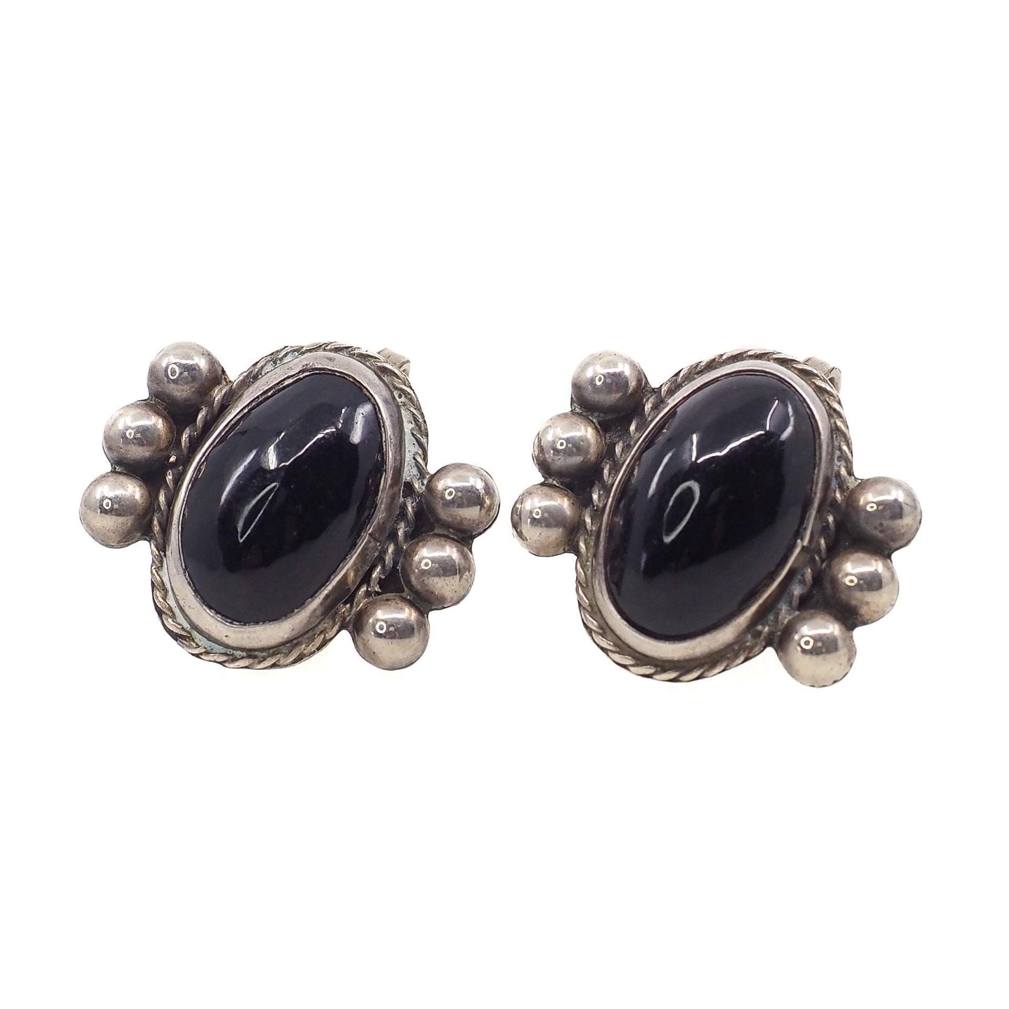 Vintage 1940s TAXCO Mexico Black Onyx and Sterling Silver Screw Back Earrings - 40s Mexico Silver Non-Pierced Black Onyx Earrings