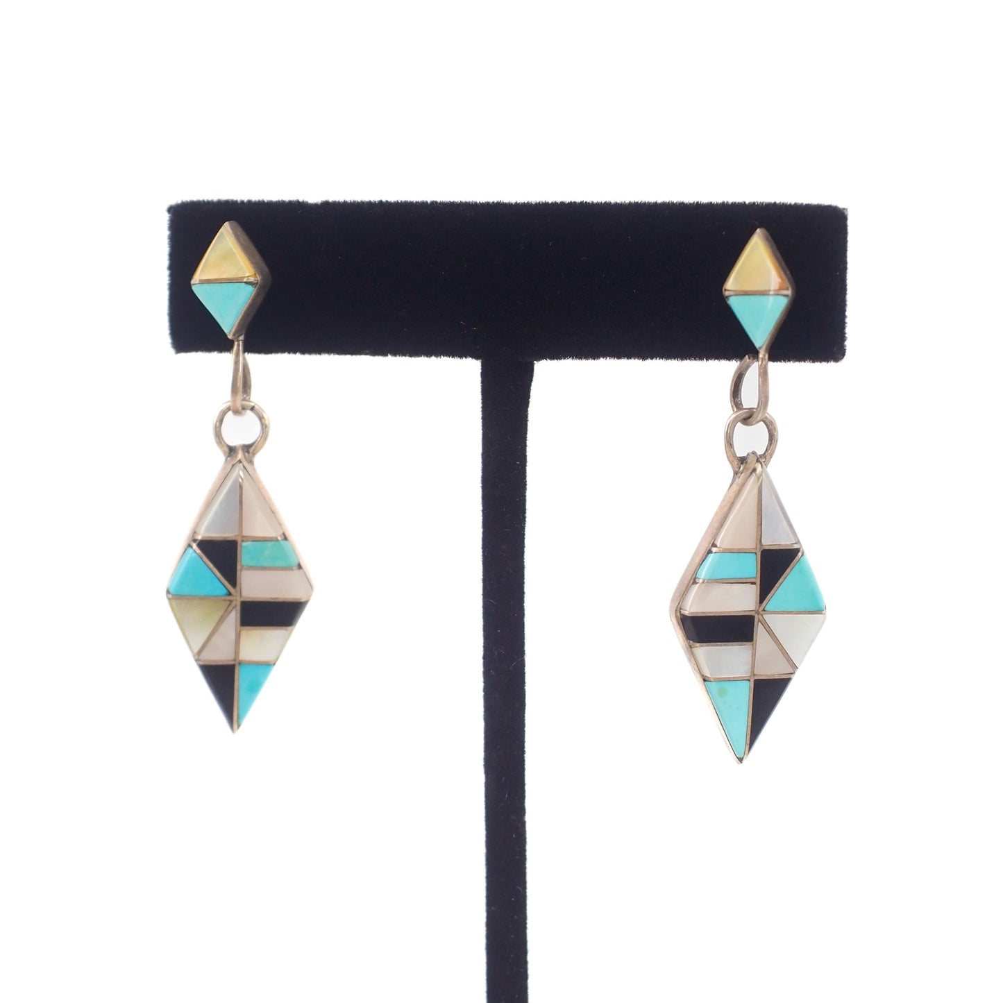 Vintage 1970s Zuni Sterling Silver Inlaid Turquoise, Onyx, and Mother of Pearl Dangle Earrings - Blue Turquoise Diamond Shaped Earrings