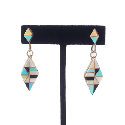 Vintage 1970s Zuni Sterling Silver Inlaid Turquoise, Onyx, and Mother of Pearl Dangle Earrings