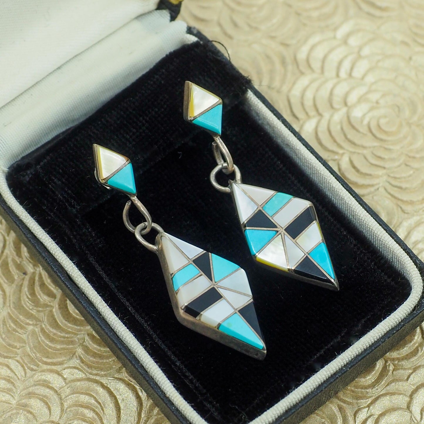 Vintage 1970s Zuni Sterling Silver Inlaid Turquoise, Onyx, and Mother of Pearl Dangle Earrings - Blue Turquoise Diamond Shaped Earrings